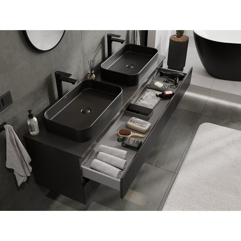 Mexen Rivel bathroom cabinet under the sink 160 cm, 2 drawers, grooved, matte black - 91A20-16047-2-BFF71