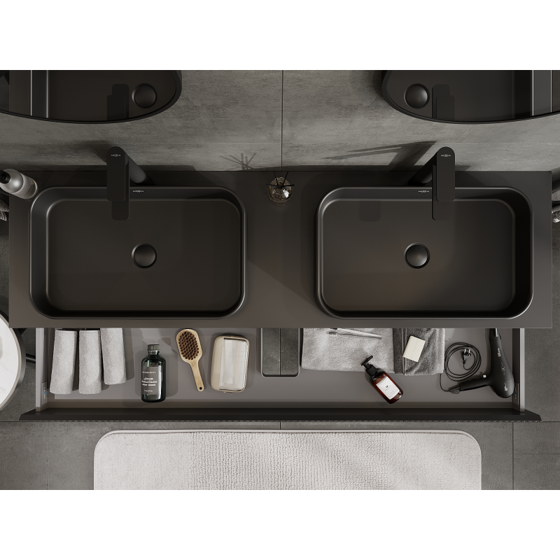 Mexen Rivel bathroom cabinet under the sink 160 cm, 2 drawers, grooved, matte black - 91A20-16047-2-BFF71