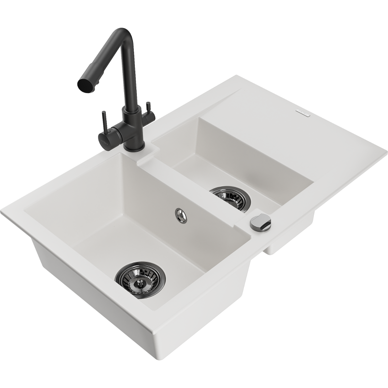 Mexen Gaspar 1.5-compartment granite sink with a drip tray and kitchen mixer tap Duero, White - 6507-20-671600-70