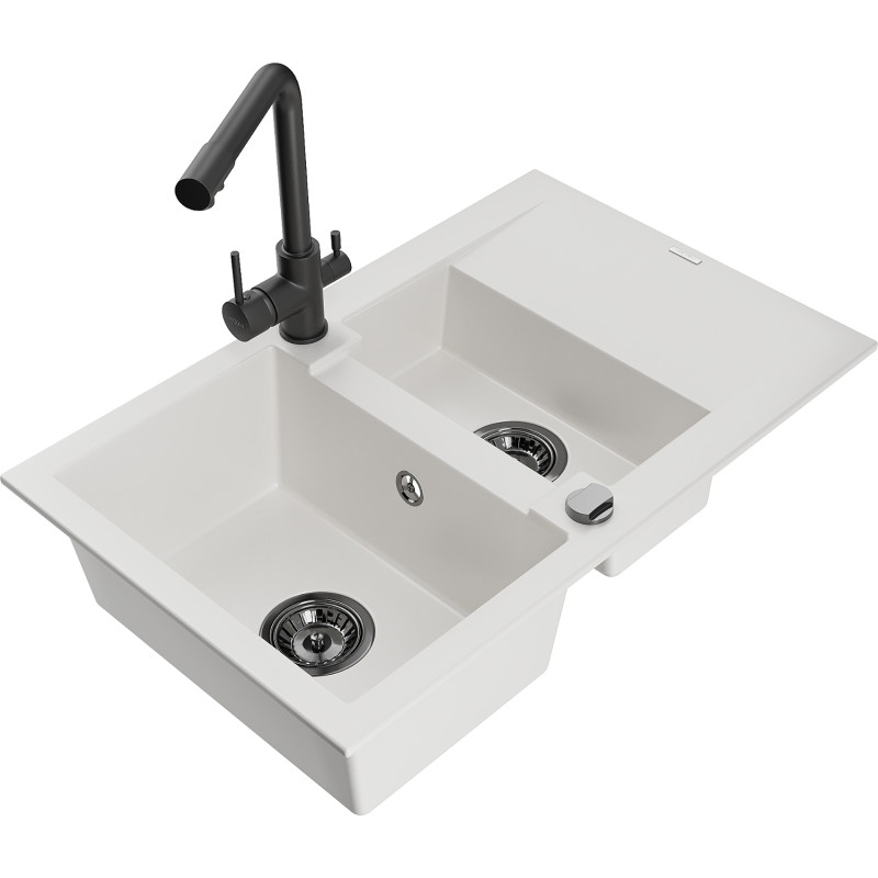 Mexen Gaspar granite kitchen sink 1.5-bowl with drainer and Duero kitchen faucet, white - 6507-20-671600-70