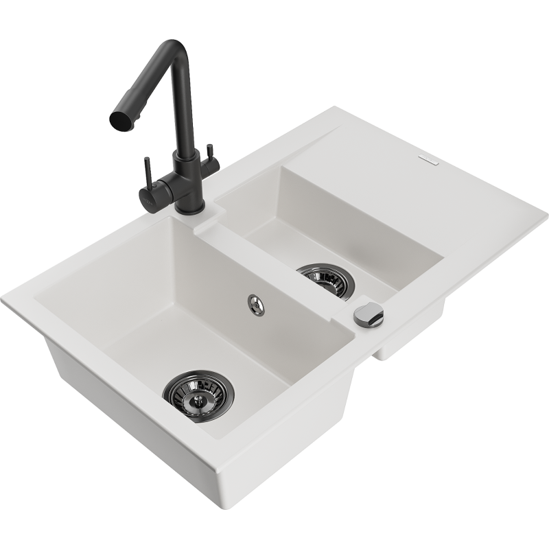 Mexen Gaspar granite kitchen sink 1.5-bowl with drainer and Duero kitchen tap, white - 6507-20-671600-70