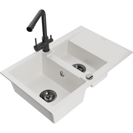 Mexen Gaspar 1.5-compartment granite sink with a drip tray and kitchen mixer tap Duero, White - 6507-20-671600-70