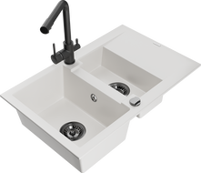 Mexen Gaspar granite sink 1.5-bowl with drainer and Duero kitchen faucet, white - 6507-20-671600-70