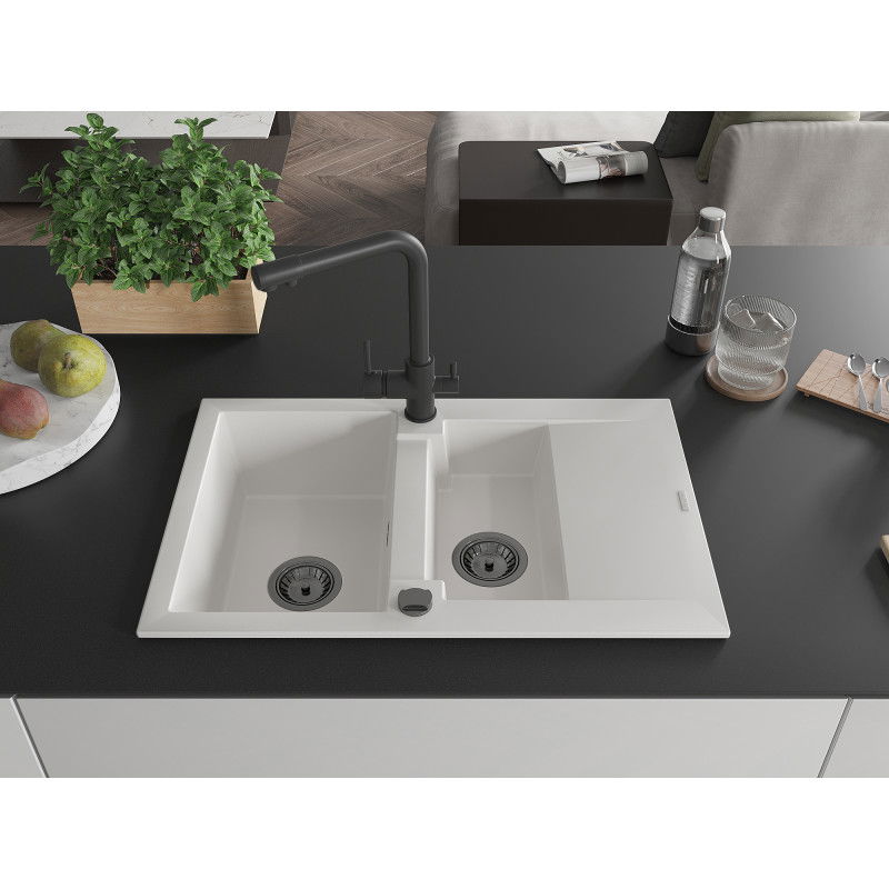 Mexen Gaspar granite kitchen sink 1.5-bowl with drainer and Duero kitchen tap, white - 6507-20-671600-70