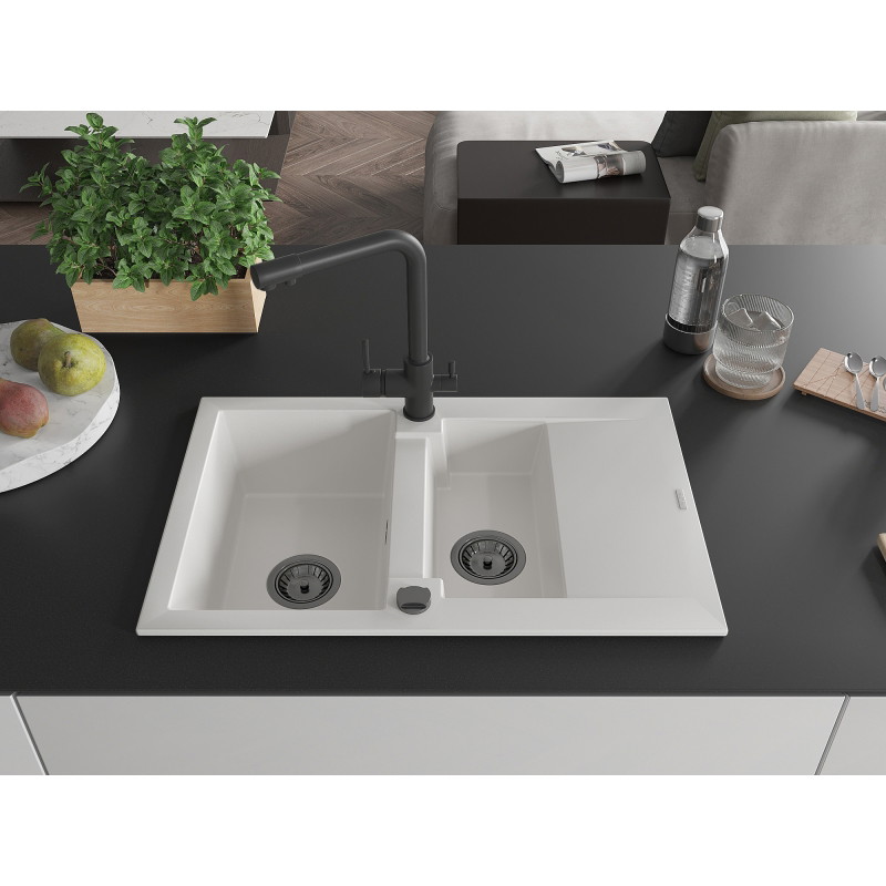 Mexen Gaspar granite sink 1.5-bowl with drainer and Duero kitchen faucet, white - 6507-20-671600-70