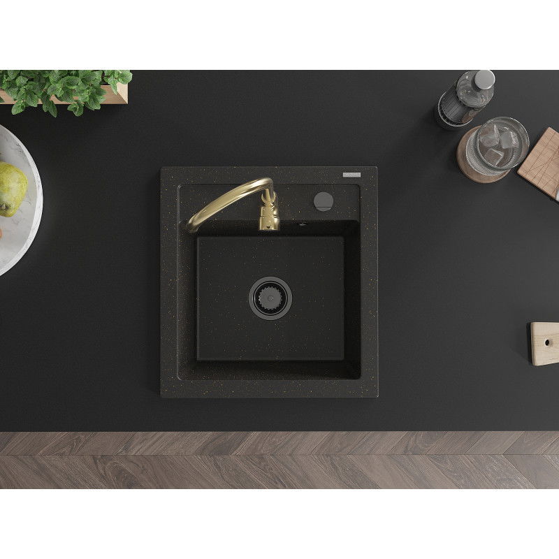 Mexen Vito Granite Sink 1-Bowl with Telma Kitchen Tap, Black/Gold Metallic - 6503-75-670200-50-B
