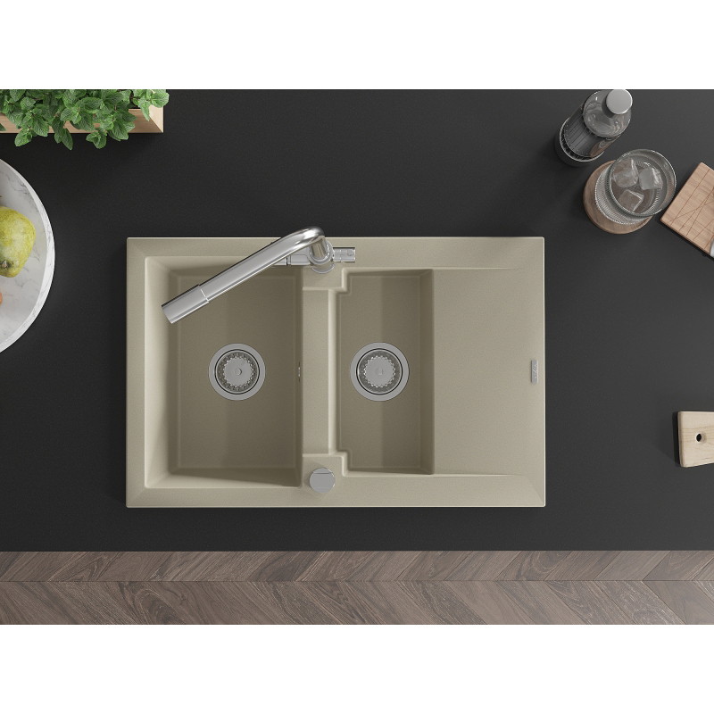 Mexen Gaspar granite sink 1.5-bowl with drainer and Duero kitchen faucet, beige - 6507-69-671600-00