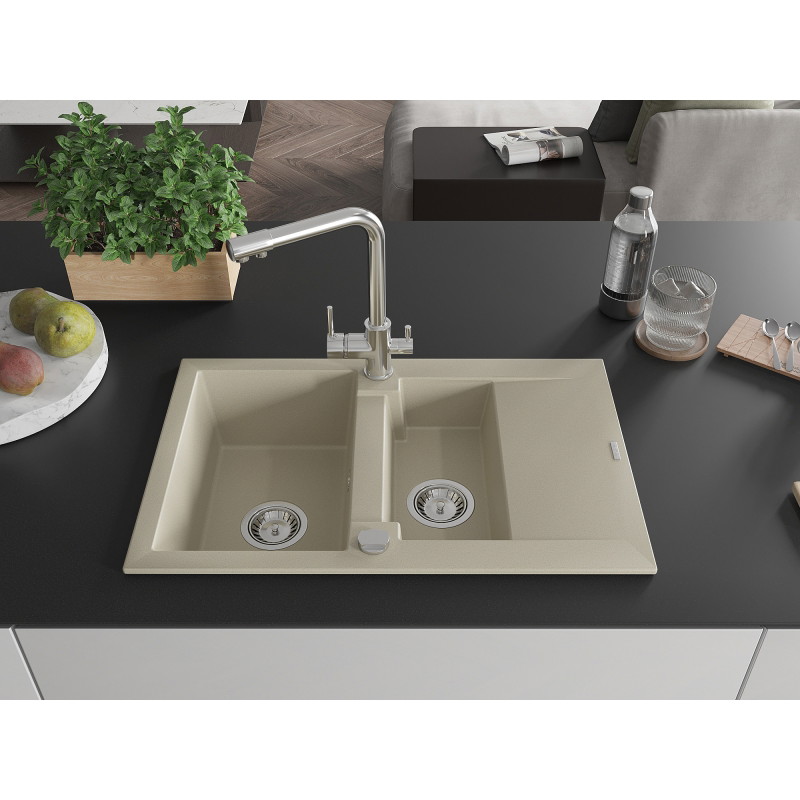 Mexen Gaspar granite sink 1.5-bowl with drainer and Duero kitchen faucet, beige - 6507-69-671600-00
