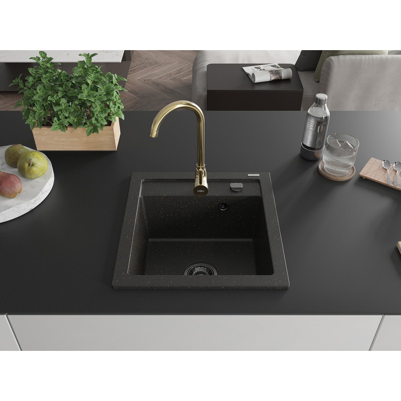 Mexen Vito granite kitchen sink 1-bowl with Telma kitchen faucet, black/gold metallic - 6503-75-670200-50-B