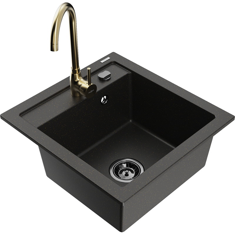 Mexen Vito 1-bowl granite sink with Telma kitchen faucet, black/gold metallic - 6503-75-670200-50-B