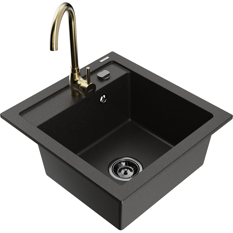 Mexen Vito 1-compartment granite sink with a kitchen mixer tap Telma, Black/Gold metallic - 6503-75-670200-50-B