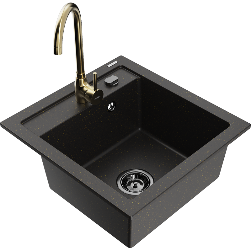 Mexen Vito Granite Sink 1-Bowl with Telma Kitchen Tap, Black/Gold Metallic - 6503-75-670200-50-B