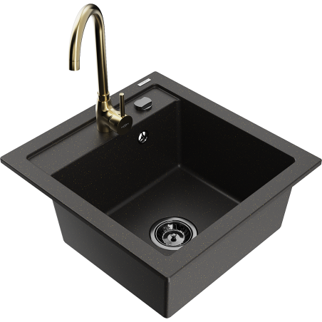 Mexen Vito granite kitchen sink 1-bowl with Telma kitchen faucet, black/gold metallic - 6503-75-670200-50-B