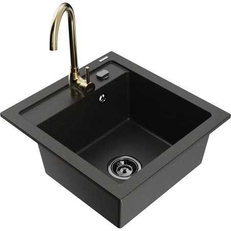 Mexen Vito Granite Sink 1-Bowl with Telma Kitchen Tap, Black/Gold Metallic - 6503-75-670200-50-B