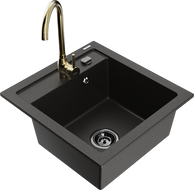 Mexen Vito granite kitchen sink 1-bowl with Telma kitchen faucet, black/gold metallic - 6503-75-670200-50-B