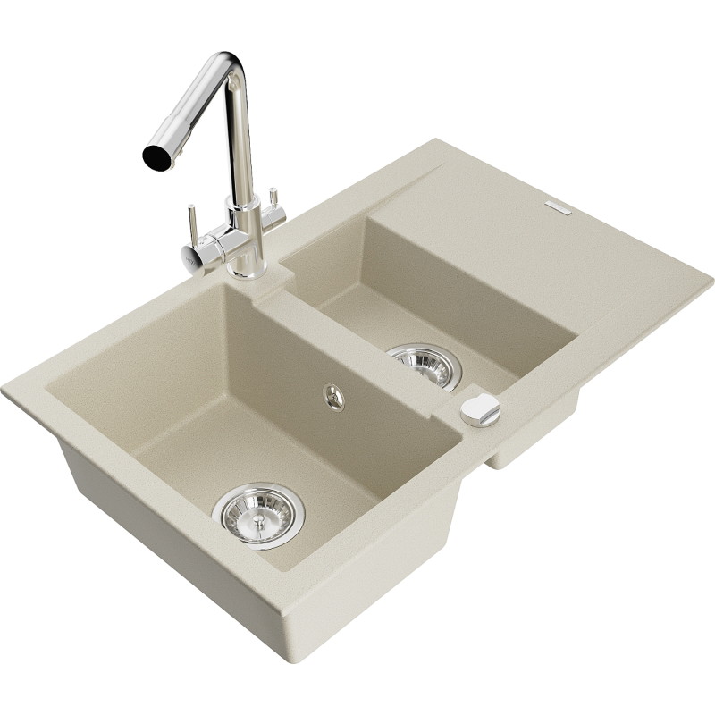 Mexen Gaspar granite sink 1.5-bowl with drainer and Duero kitchen faucet, beige - 6507-69-671600-00