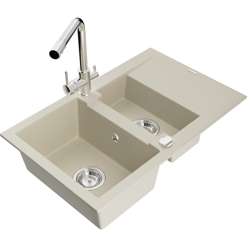 Mexen Gaspar granite sink 1.5-bowl with drainer and Duero kitchen tap, beige - 6507-69-671600-00