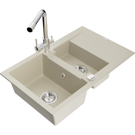 Mexen Gaspar granite sink 1.5-bowl with drainer and Duero kitchen faucet, beige - 6507-69-671600-00