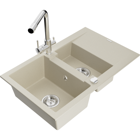 Mexen Gaspar granite sink 1.5-bowl with drainer and Duero kitchen tap, beige - 6507-69-671600-00
