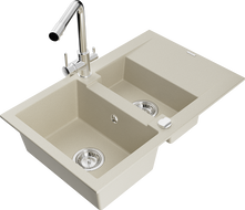 Mexen Gaspar granite sink 1.5-bowl with drainer and Duero kitchen faucet, beige - 6507-69-671600-00
