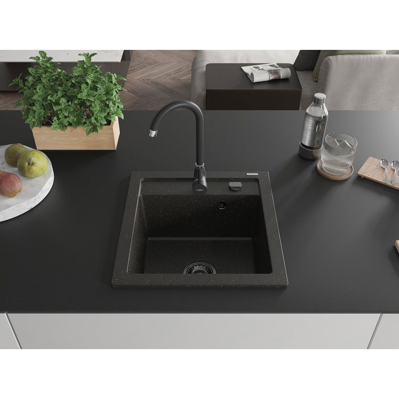 Mexen Vito 1-Bowl Granite Sink with Telma Kitchen Tap, Black/Gold Metallic - 6503-75-670200-70-B