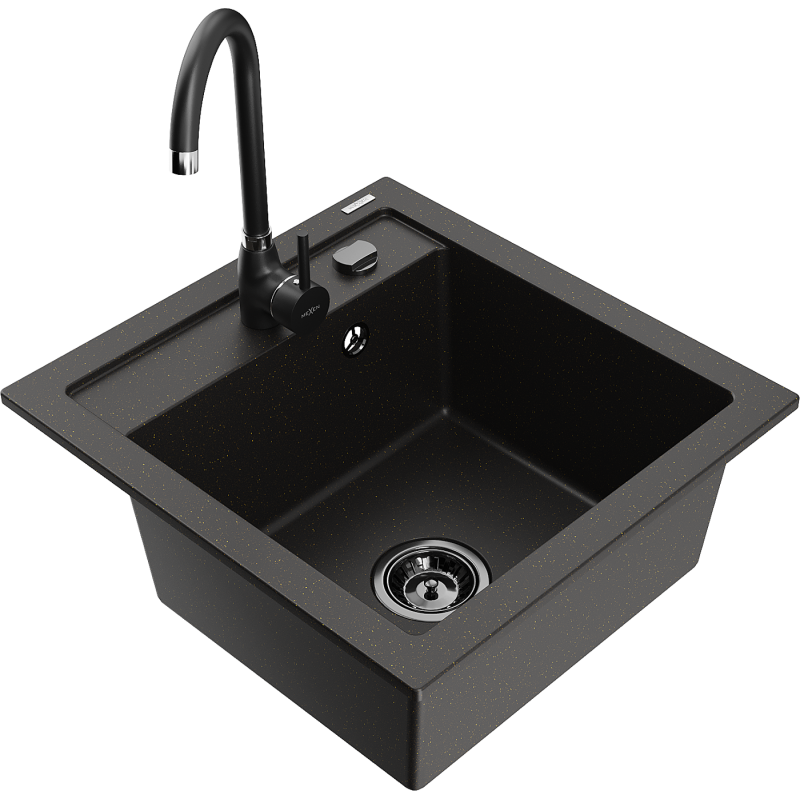 Mexen Vito 1-Bowl Granite Sink with Telma Kitchen Tap, Black/Gold Metallic - 6503-75-670200-70-B