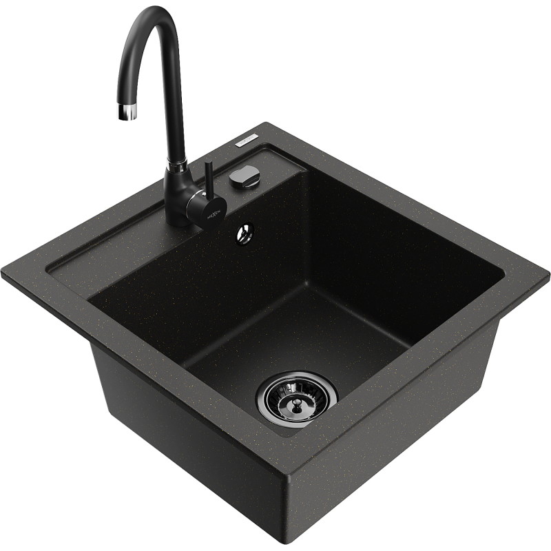 Mexen Vito granite kitchen sink 1-bowl with Telma kitchen faucet, black/gold metallic - 6503-75-670200-70-B
