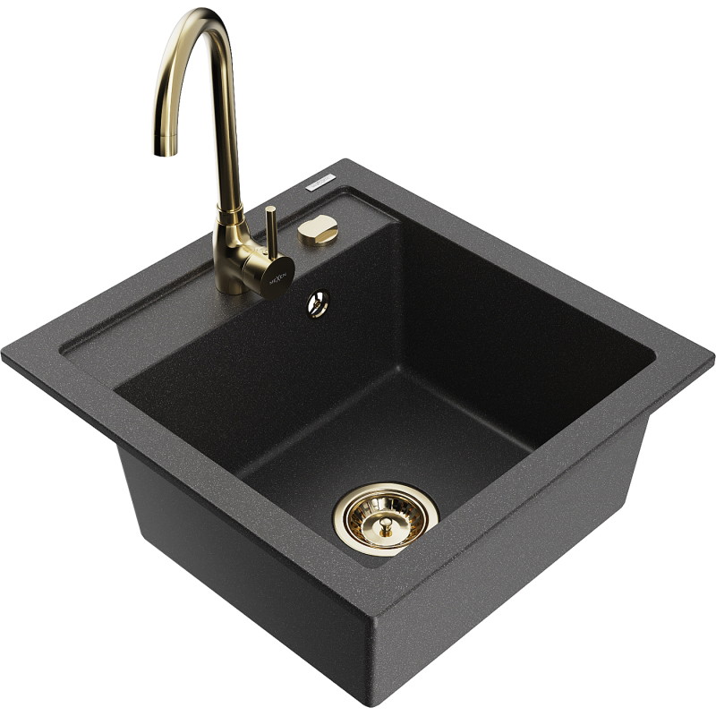 Mexen Vito 1-bowl granite sink with Telma kitchen faucet, speckled black - 6503-76-670200-50