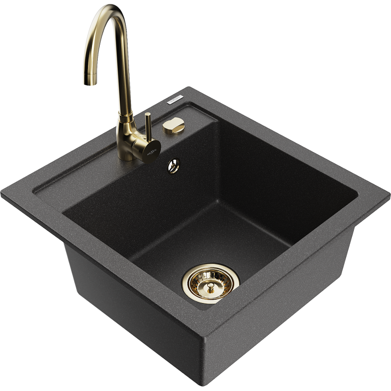 Mexen Vito 1-compartment granite sink with a kitchen mixer tap Telma, spotted black - 6503-76-670200-50