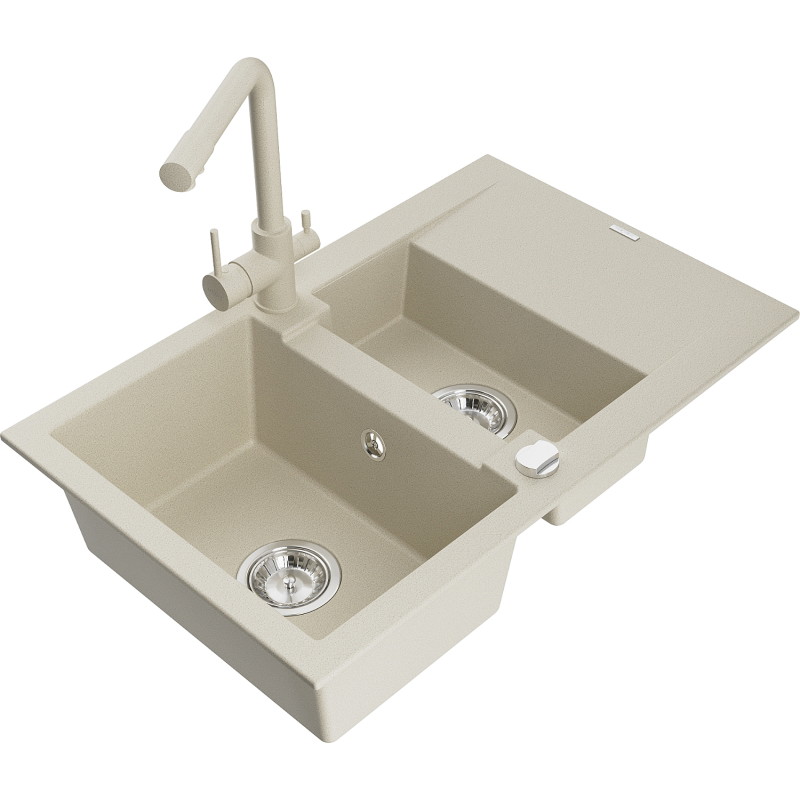 Mexen Gaspar 1.5-bowl granite sink with drainer and Duero kitchen faucet, beige - 6507-69-671600-69