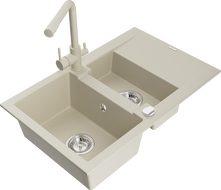 Mexen Gaspar 1.5-bowl granite sink with drainer and Duero kitchen faucet, beige - 6507-69-671600-69