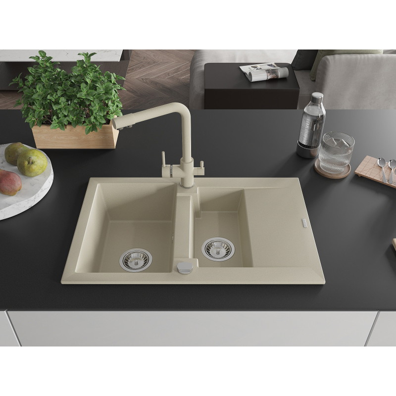 Mexen Gaspar 1.5-bowl granite sink with drainer and Duero kitchen faucet, beige - 6507-69-671600-69