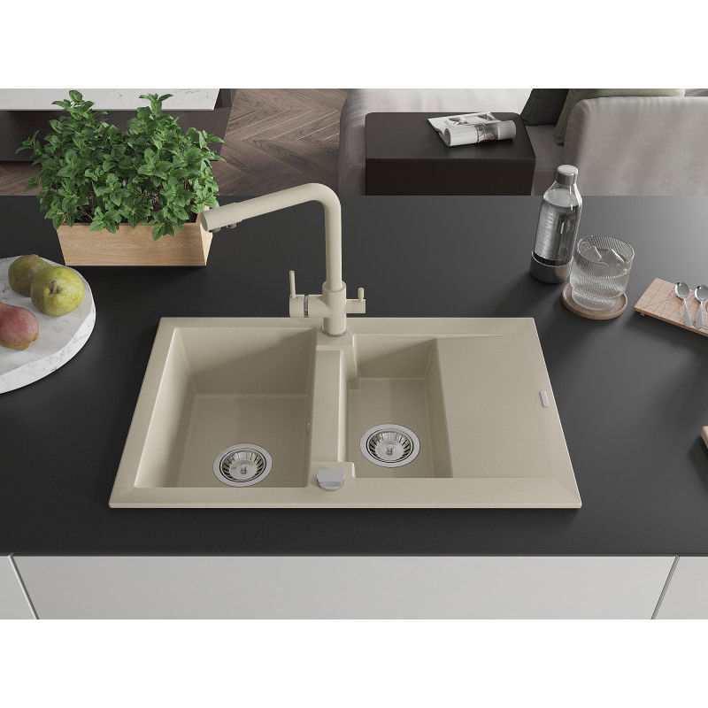 Mexen Gaspar granite sink 1.5-bowl with drainer and Duero kitchen tap, beige - 6507-69-671600-69