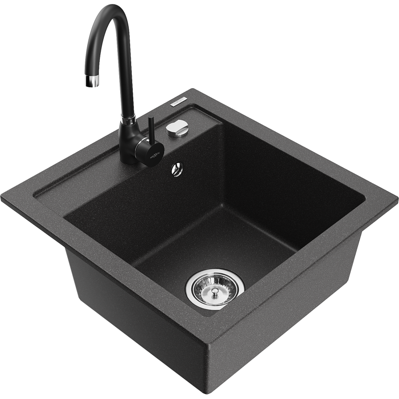 Mexen Vito 1-bowl granite kitchen sink with Telma tap, black speckled - 6503-76-670200-70