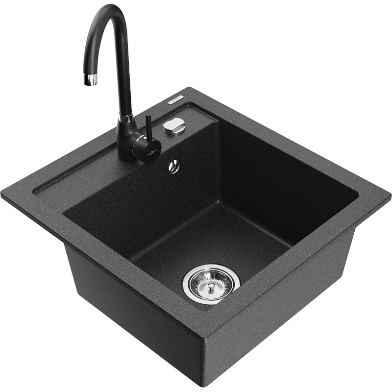 Mexen Vito granite sink with 1 compartment and Telma kitchen faucet, black speckled - 6503-76-670200-70