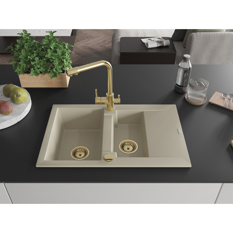 Mexen Gaspar granite kitchen sink 1.5-bowl with drainer and Duero kitchen faucet, beige - 6507-69-671600-50