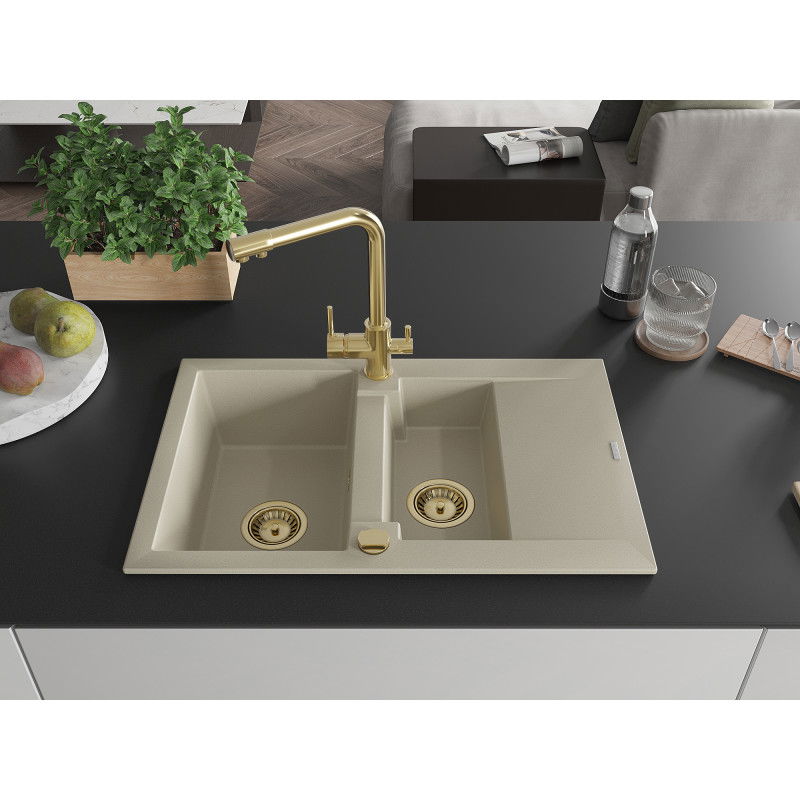 Mexen Gaspar Granite Kitchen Sink 1.5-Bowl with Drainer and Duero Kitchen Tap, Beige - 6507-69-671600-50