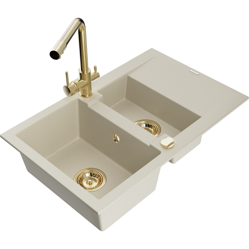 Mexen Gaspar 1.5-compartment granite sink with a drip tray and kitchen mixer tap Duero, Beige - 6507-69-671600-50
