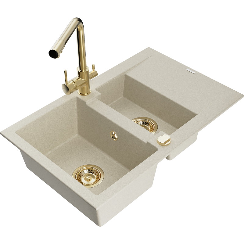 Mexen Gaspar granite kitchen sink 1.5-bowl with drainer and Duero kitchen faucet, beige - 6507-69-671600-50