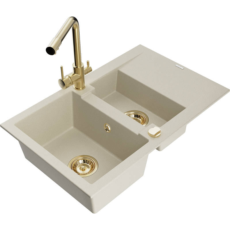 Mexen Gaspar Granite Kitchen Sink 1.5-Bowl with Drainer and Duero Kitchen Tap, Beige - 6507-69-671600-50