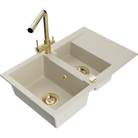 Mexen Gaspar 1.5-bowl granite sink with drainer and Duero kitchen faucet, beige - 6507-69-671600-50