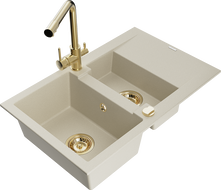 Mexen Gaspar 1.5-bowl granite sink with drainer and Duero kitchen faucet, beige - 6507-69-671600-50