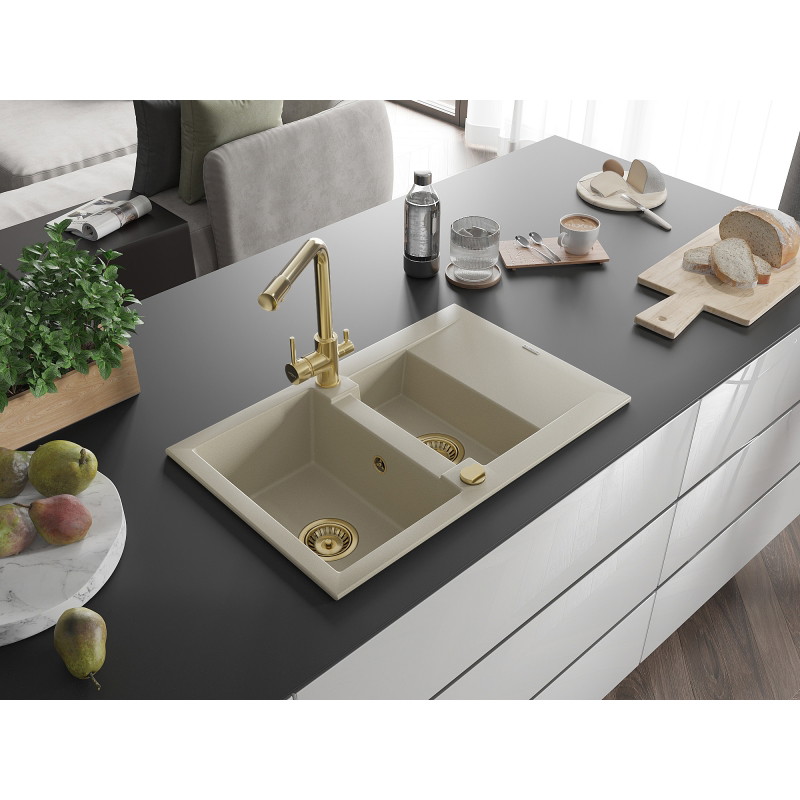 Mexen Gaspar granite kitchen sink 1.5-bowl with drainer and Duero kitchen faucet, beige - 6507-69-671600-50