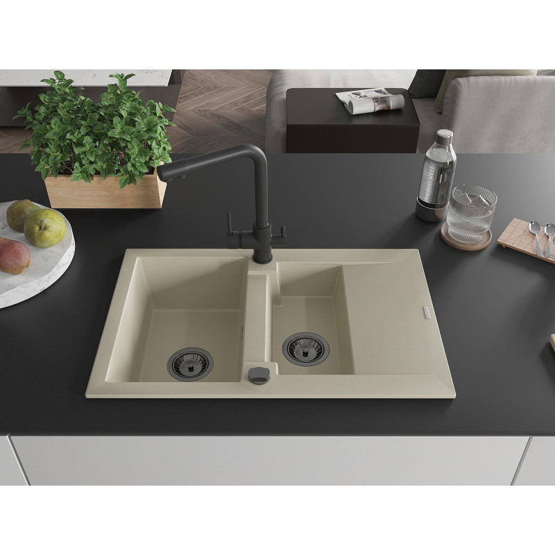 Mexen Gaspar Granit kitchen sink 1.5-bowl with drainer and Duero kitchen faucet, beige - 6507-69-671600-70