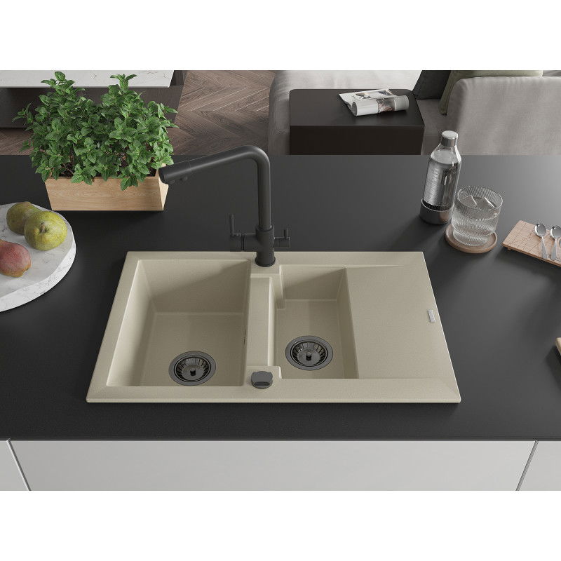 Mexen Gaspar granite sink 1.5-bowl with drainer and Duero kitchen tap, beige - 6507-69-671600-70