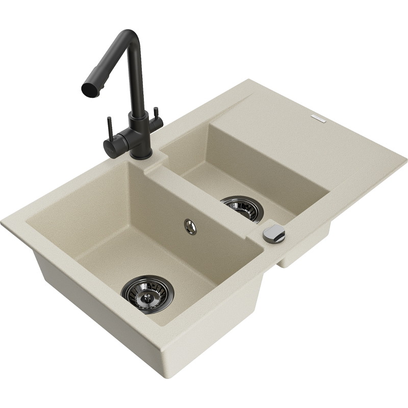 Mexen Gaspar Granit kitchen sink 1.5-bowl with drainer and Duero kitchen faucet, beige - 6507-69-671600-70