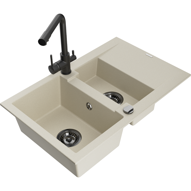 Mexen Gaspar granite sink 1.5-bowl with drainer and Duero kitchen tap, beige - 6507-69-671600-70