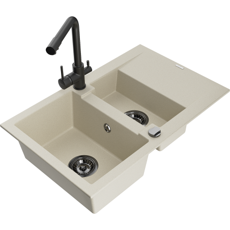 Mexen Gaspar 1.5-bowl granite sink with drainer and Duero kitchen faucet, beige - 6507-69-671600-70