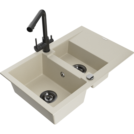 Mexen Gaspar Granit kitchen sink 1.5-bowl with drainer and Duero kitchen faucet, beige - 6507-69-671600-70
