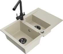 Mexen Gaspar Granit kitchen sink 1.5-bowl with drainer and Duero kitchen faucet, beige - 6507-69-671600-70